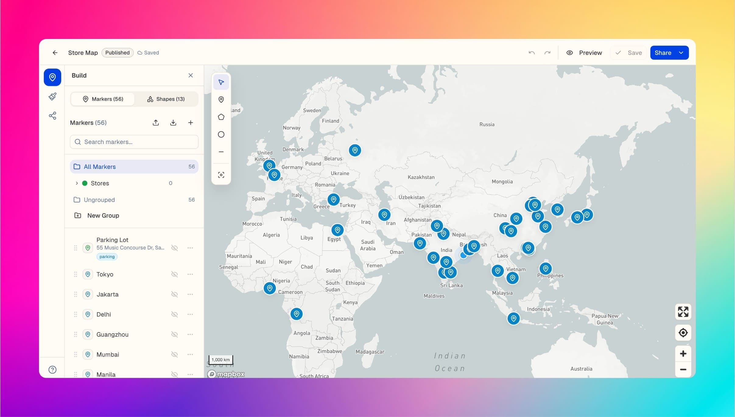 MapsMaker editor with a location list and a branded map